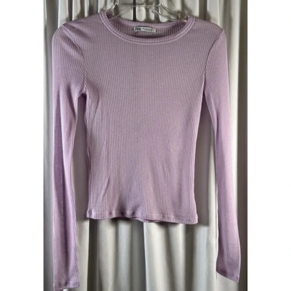 ZARA‎ Lilac Purple Ribbed Long Sleeve Crew Neck Cropped Top S Streetwear 73-39